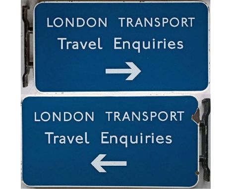 c1960s London Transport enamel DIRECTION SIGN 'Travel Enquiries'. A double-sided, flanged sign complete with original mountin