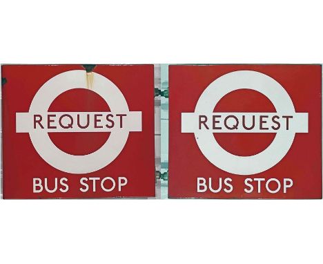 1980s London Transport enamel BUS STOP FLAG (Request). A double-sided, hollow 'boat'-style flag measuring 18" x 16" (46cm x 4