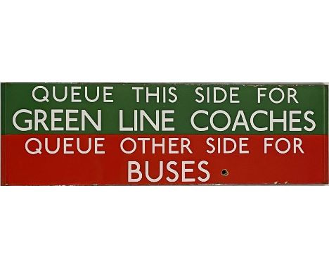 London Transport  bus stop enamel Q-PLATE 'Queue this side for Green Line Coaches, Queue other side for Buses'. An uncommon v