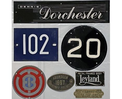 Selection (7) of VEHICLE PLATES comprising Dennis Dorchester (interior sign, plastic), Leyland metal-framed body (brass, reg 