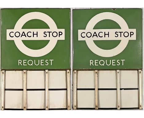 London Transport enamel COACH STOP FLAG (Request). A 1950s/60s 'bullseye'-style, E6-size, double-sided 'boat'-type flag compl