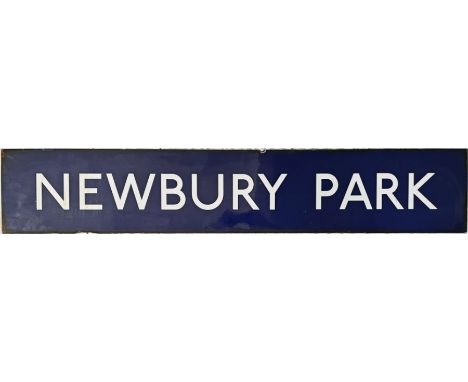 London Underground enamel PLATFORM SIGN from Newbury Park station on the Hainault loop of the Central Line. The centre bar fr