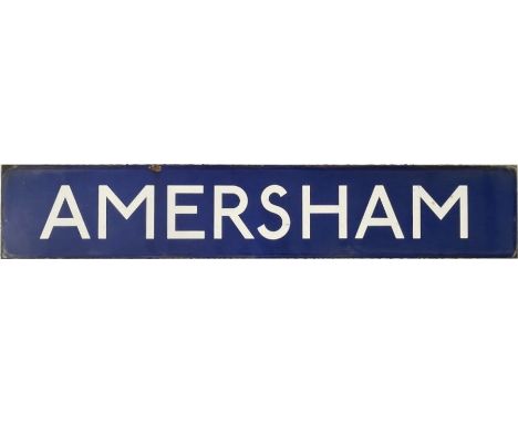 London Underground enamel PLATFORM SIGN from Amersham station, terminus of the Metropolitan Line. The centre bar from a bulls