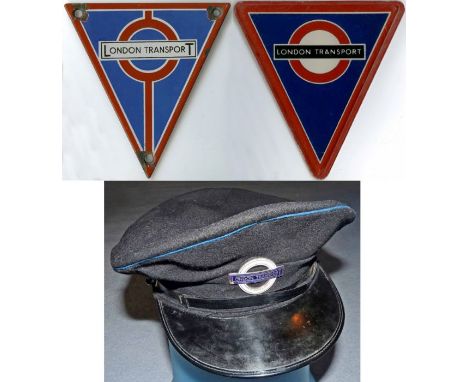 3 London Transport bus items comprising a pair of RADIATOR TRIANGLE BADGES, one is enamel for an RT (a few chips from use), t