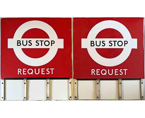 1950s/60s London Transport enamel BUS STOP FLAG (Request), an E3 version with space for 3 e-plates on both sides. A tradition