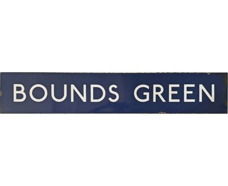 London Underground enamel PLATFORM SIGN from Bounds Green station on the Piccadilly Line. The centre bar from a bullseye, it 