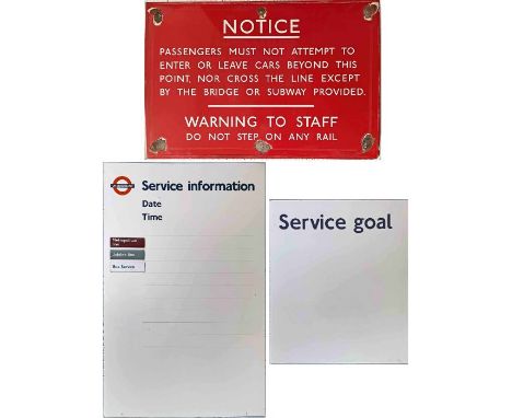 Trio of London Underground ENAMEL SIGNS comprising 'Notice....Warning to Staff...' (35" x 24" - 89cm x 61cm, damaged where a 