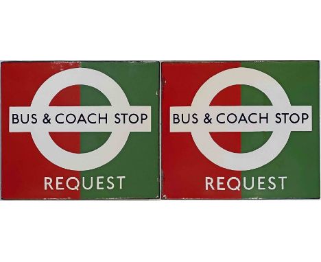 1950s/60s London Transport enamel BUS &amp; COACH STOP FLAG (Request). A double-sided, hollow 'boat'-style flag measuring 18"