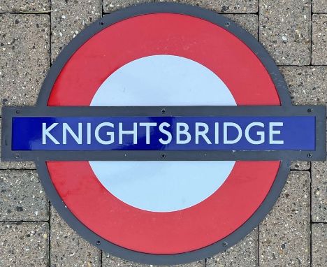 London Underground enamel PLATFORM ROUNDEL SIGN from Knightsbridge Station on the Piccadilly Line. This is the smaller-size s