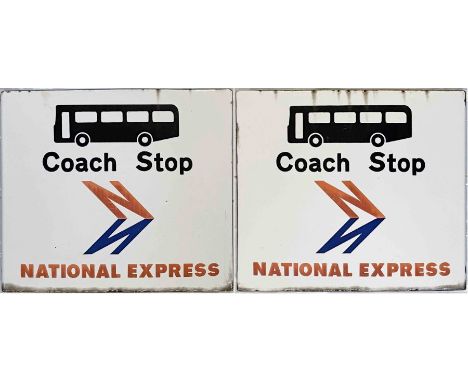 1970s London Transport enamel COACH STOP FLAG for National Express. A double-sided, hollow, 'boat'-style flag measuring 18" x