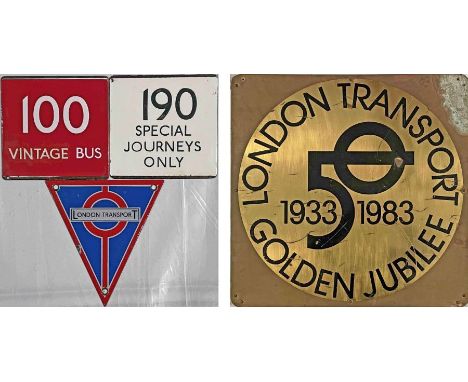 Selection (4) of London Transport items comprising enamel E-PLATES for routes 100 Vintage Bus on red background (one of those
