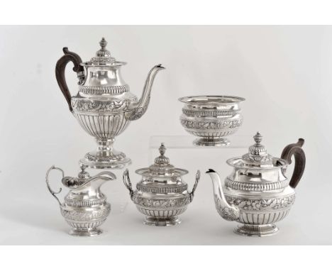 Tea and coffee set, 833/1000 silver, consisting of coffee pot, teapot, milk jug, sugar bowl and waste bowl, gummed and relief