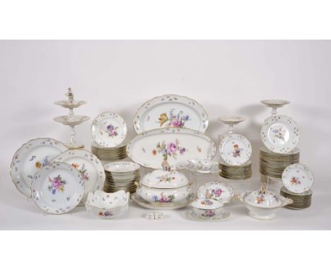 Tableware for twelve, probably Meissen porcelain, polychrome and gilt decoration "Flowers and insects", "Female figure" finia