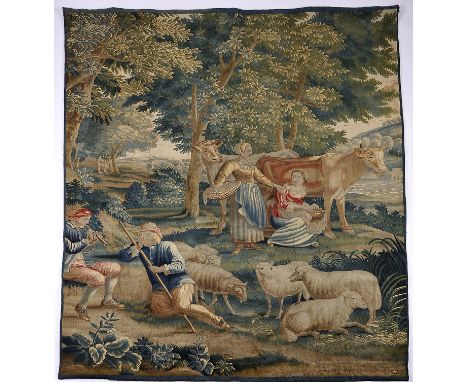 country scene with shepherds and cattle, Lille tapestry, polychrome wool yarn, Flemish, 17th/18th C., missing trimming, resto
