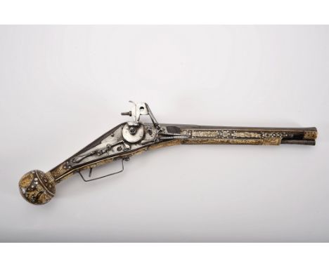 A Wheellock pistol, pistol (c. 1590), Steel, iron, wood, mother of pearl and staghorn, black inlaid decoration "Fruits, flowe