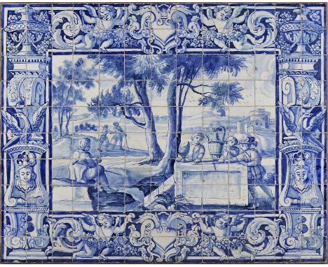 Noblemen in the countryside, 130 tile baroque panel, blue decoration, border with double-row of tiles "Shields, angels and co
