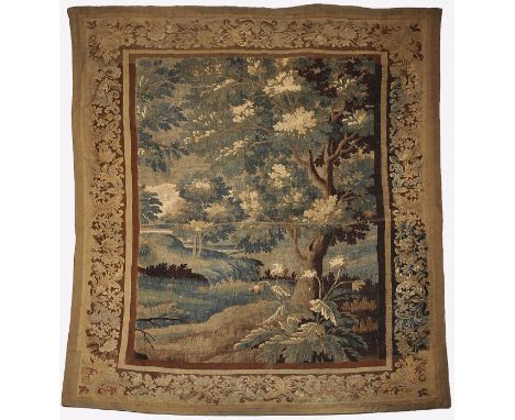 A countryside with lake, tapestry probably by Aubusson, polychrome wool yarn, bordure with "Plant motifs", French, 18th C., s