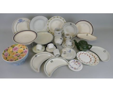 Twenty-eight pieces of Union Castle and Royal Mail Steam Packet Company catering ceramics, including teapot with moulded cres