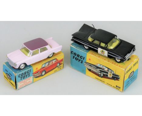 Corgi - Fiat 2100, No.232, and Chevrolet State Patrol, No.223, both boxed and lacking end flap (2)