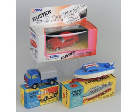 Corgi - Dolphin 20 Cruiser on Wincheon trailer, No.104, Forward Control Jeep FC-150 with detachable hood, No.470 and Jaguar M