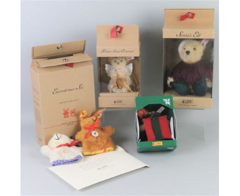 Four Steiff limited edition bears - Santa's Elf No.111/3000 18cm high, teddy bear angel No.38/5000 with certificate 11cm high