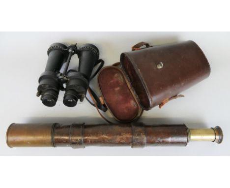 A Boer War period brass and leather artillery spotting two-draw telescope, inscribed "Clarkson and Co London 1901 137", 120cm