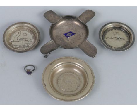A silver ashtray of circular form, with four cigarette supports and enamelled Elders and Fyffes logo to the centre 14cm wide 