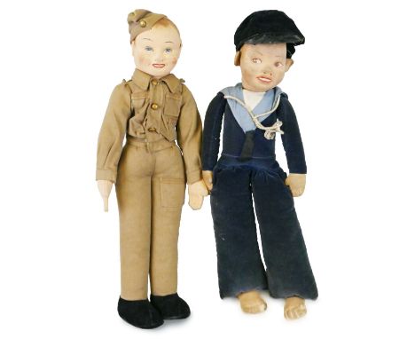 A WWII period Merrythought Hygenic pressed felt doll, with painted hair and facial features, dressed in a Home Guard style Br