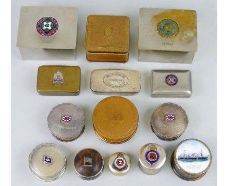 Fourteen shipping line souvenir boxes, predominantly silver plated including two oblong cigarette boxes with inset Celtic sty