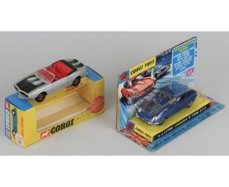 Corgi - E-Type Jaguar, No.335, blister pack and Pontiac Firebird, No.343,  window box (2)
