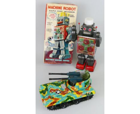 An SH Japan battery driven tin-plate Machine Robot, with visible gears mechanism 29cm high box lid only, and a Waco Japan bat
