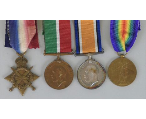 Four WWI medals, comprising British War Medal and Mercantile Marine Medal awarded to Leonard E. Augustus, 1914-15 Star awarde