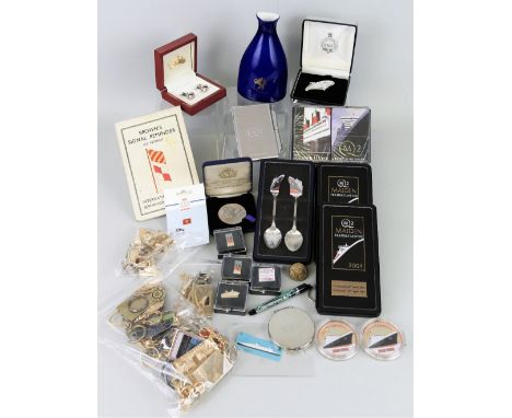 Shipping line and cruise memorabilia, including pin badges, medallions, brooches, playing cards, key rings, Cunard porcelain 