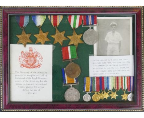 A group of seven WWI and WWII medals, awarded to Laurence R. Stilwell comprising WWI British War Medal and Mercantile Marine 