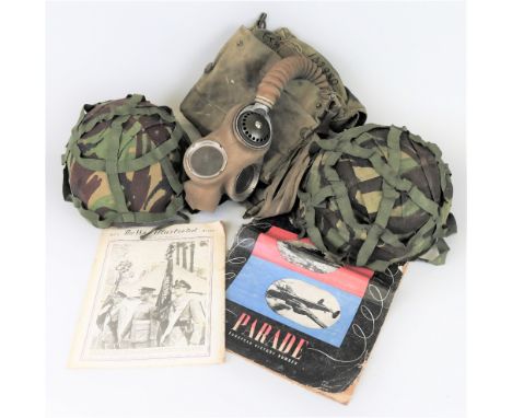 Two British Army Kevler helmets, circa 1985 and a WW2 P37 gas mask and bag (3)