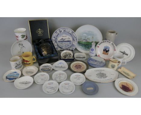 Over thirty shipping line ceramic souvenir items, including boxed QE2 Highland Malt Scotch Whisky decanter, Coalport Bibby Li