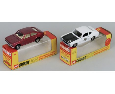 Corgi - Morris Marina Coupe, No.306 and Roger Clarks Ford Capri, No.303, both in window boxes