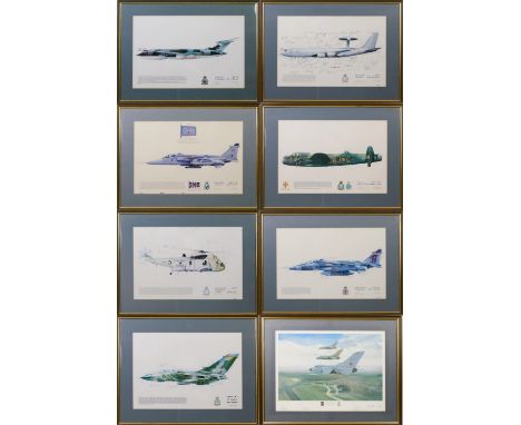 Seven RAF Squadron Prints, each depicting a different single aircraft in flight, most bearing numerous signatures, 1979-95, u