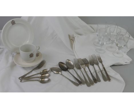 Navy Army and Air Force Institute items (NAAFI), including King's Crown cup, saucer and plates and two small table cloths, Qu