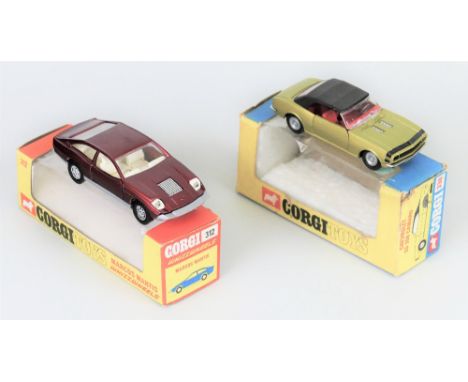 Corgi - Chevrolet Camaro, No.338 and Marcos Mantis No.312, both in window boxes (2)