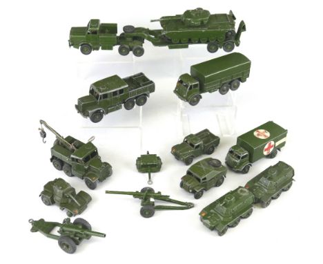 Dinky - fourteen military vehicles including Centurion tank and transporter, 10-ton army truck, artillery transporter, milita