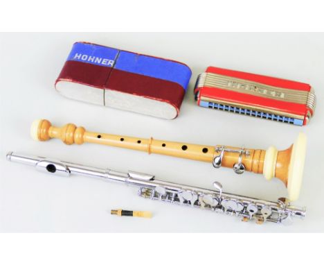 A French Breton bombard folk music woodwind instrument, probably made from cocuswood with ivorine mounts 30cm high with boxed