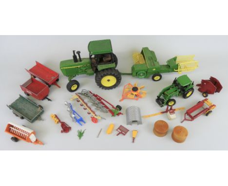 Britains - unboxed and playworn farm machinery, including three trailers, manure spreader, Howard Rotaspreader, Vermeer round