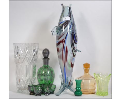 Mixed lot of glass wares to include set of Venetian decanter plus five aperitif glasses , lead crystal vase of large form , M