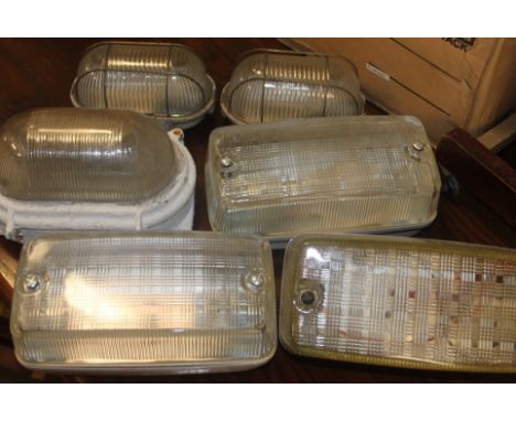 6 Bulkhead lights retro vintage , 2 caged, all glass fronted, industrial chic