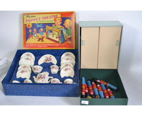 A collection of vintage toys to include a dolls Ellar Tea Service (complete) with a wooden toy wardrobe, skittles set and a v