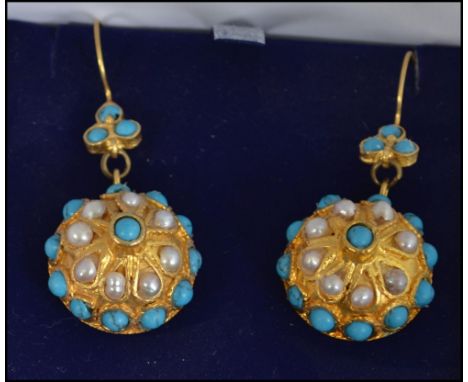 A pair of turquoise and cultured pearl 19th century earrings