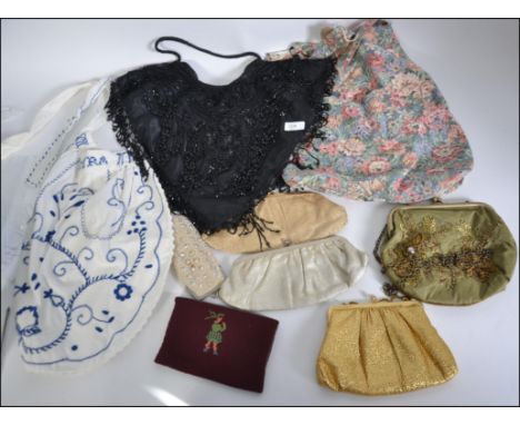 A collection of vintage ladies items to include a good group of 5 handbags of various forms to include multi sequinned black 