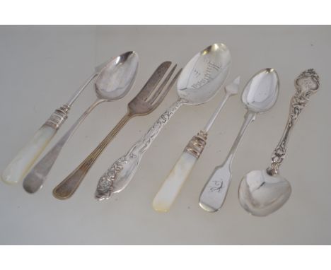 2 silver hallmarked teaspoons, both 19th century together with 2 silver plate and mother of pearl picks,  and 2 sterling mark