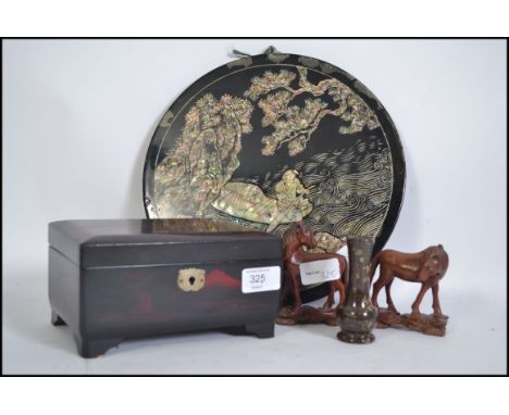 A Japanese laquered jewellery casket with good functional interior , laquered  inlaid mother of pearl wall plaque , 2 Chinese